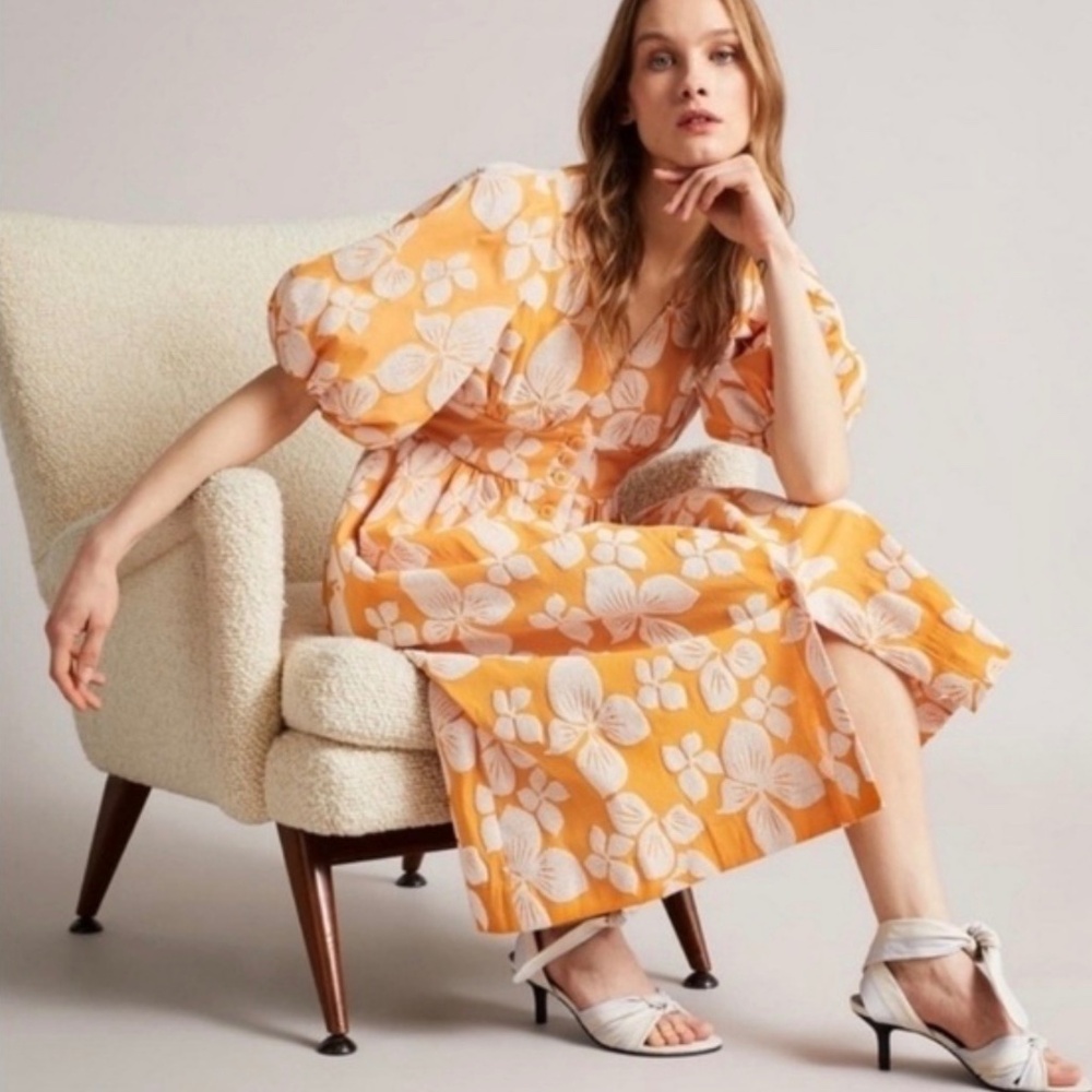 Ted Baker London Cinthy Floral Jacquard Orange V-Neck A-Line Dress Size 2 US 4-6